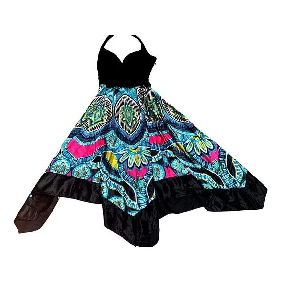 Signature by Sangria Size Small Black Blue Halter Dress Handkerchief Hem Bohemia - Picture 12 of 14